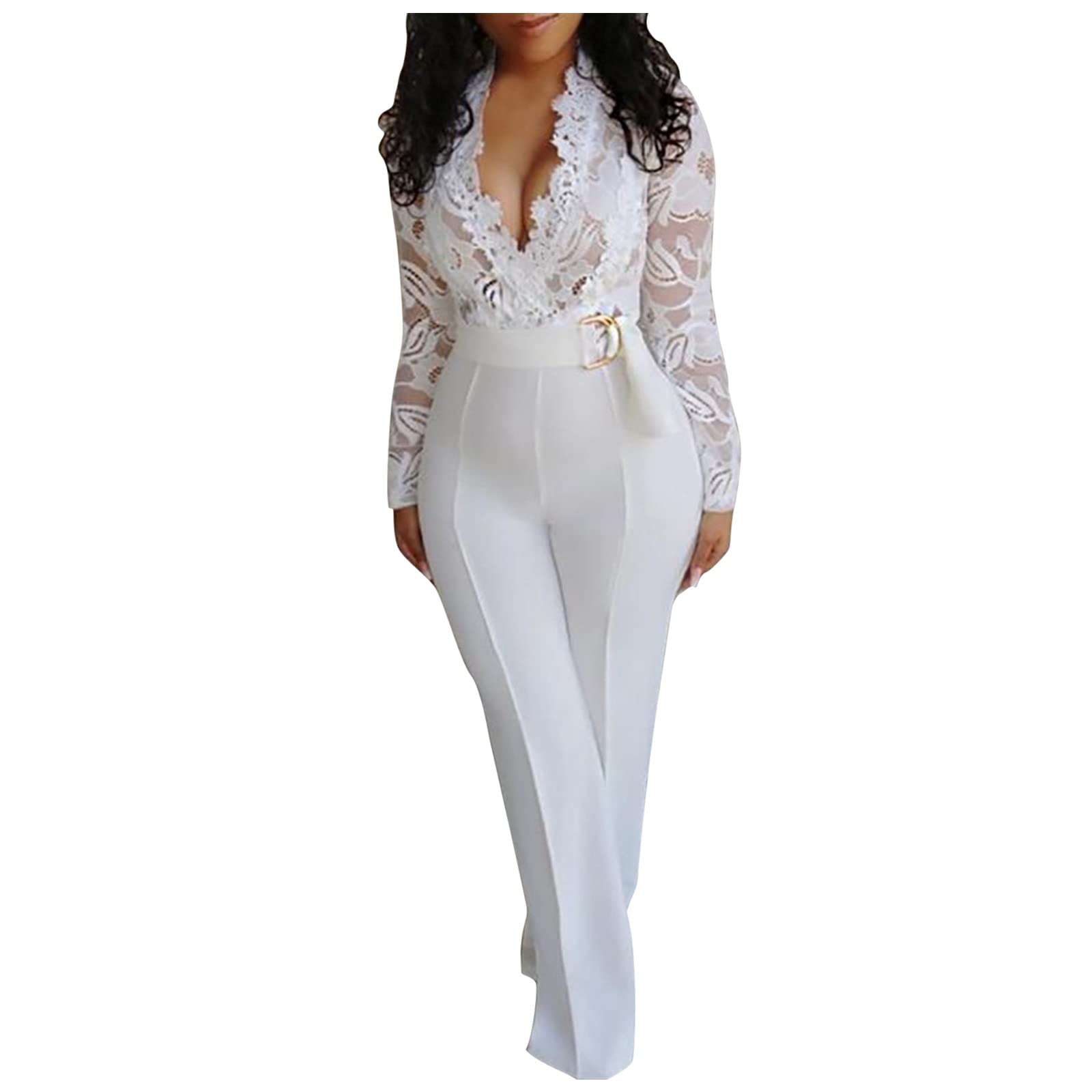 Navy Blue Lace V-Neck Jumpsuit for Women - Sexy Deep V Stitching Trousers with Leg Sleeves | Perfect for Date Night, Cocktail Parties & Evening Events