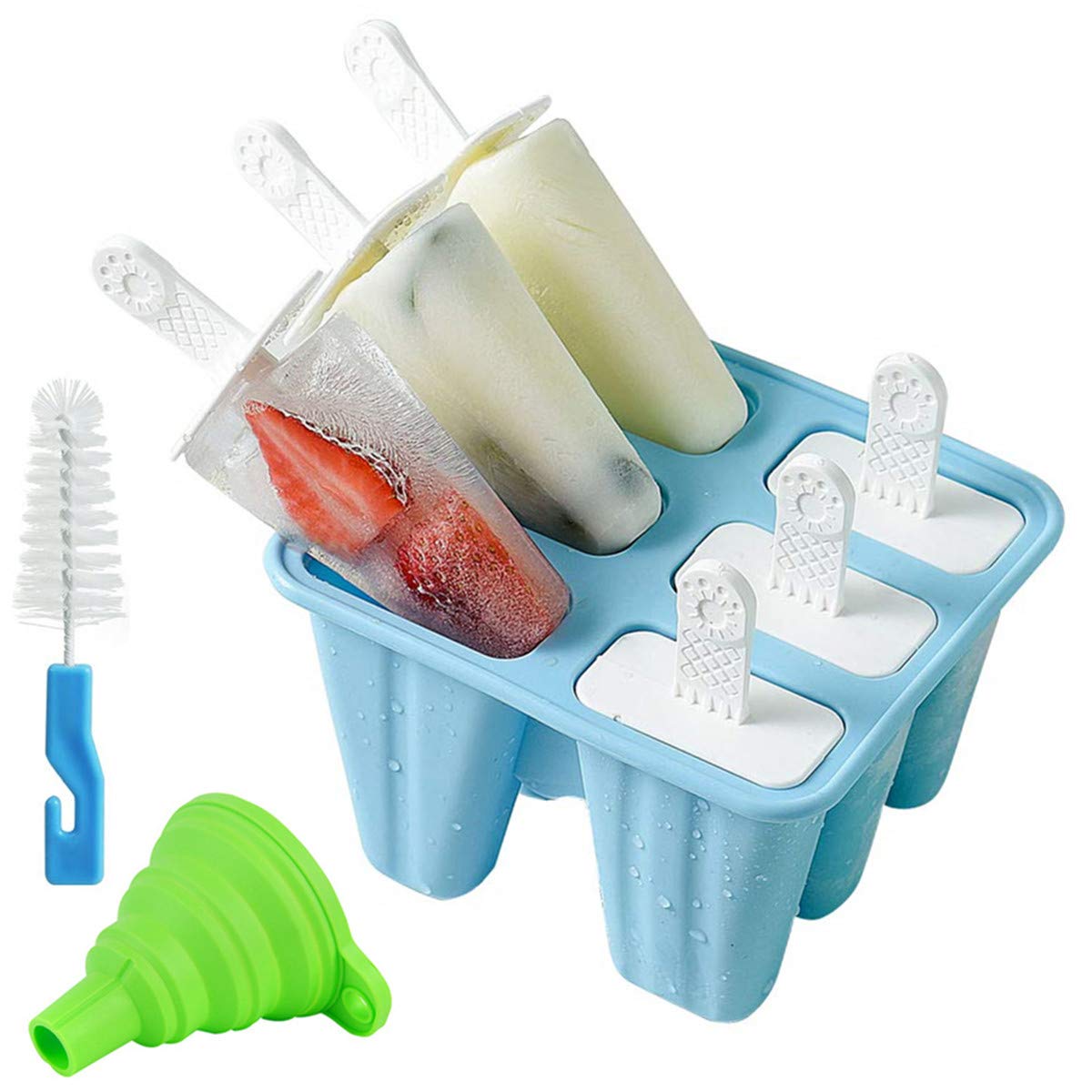 Helistar 6-Piece Silicone Popsicle Molds Set - BPA Free, Reusable Ice Pop Maker with Easy Release, Includes Silicone Funnel & Cleaning Brush (Blue) - Perfect for Summer Treats, Kids Snacks & DIY Frozen Desserts