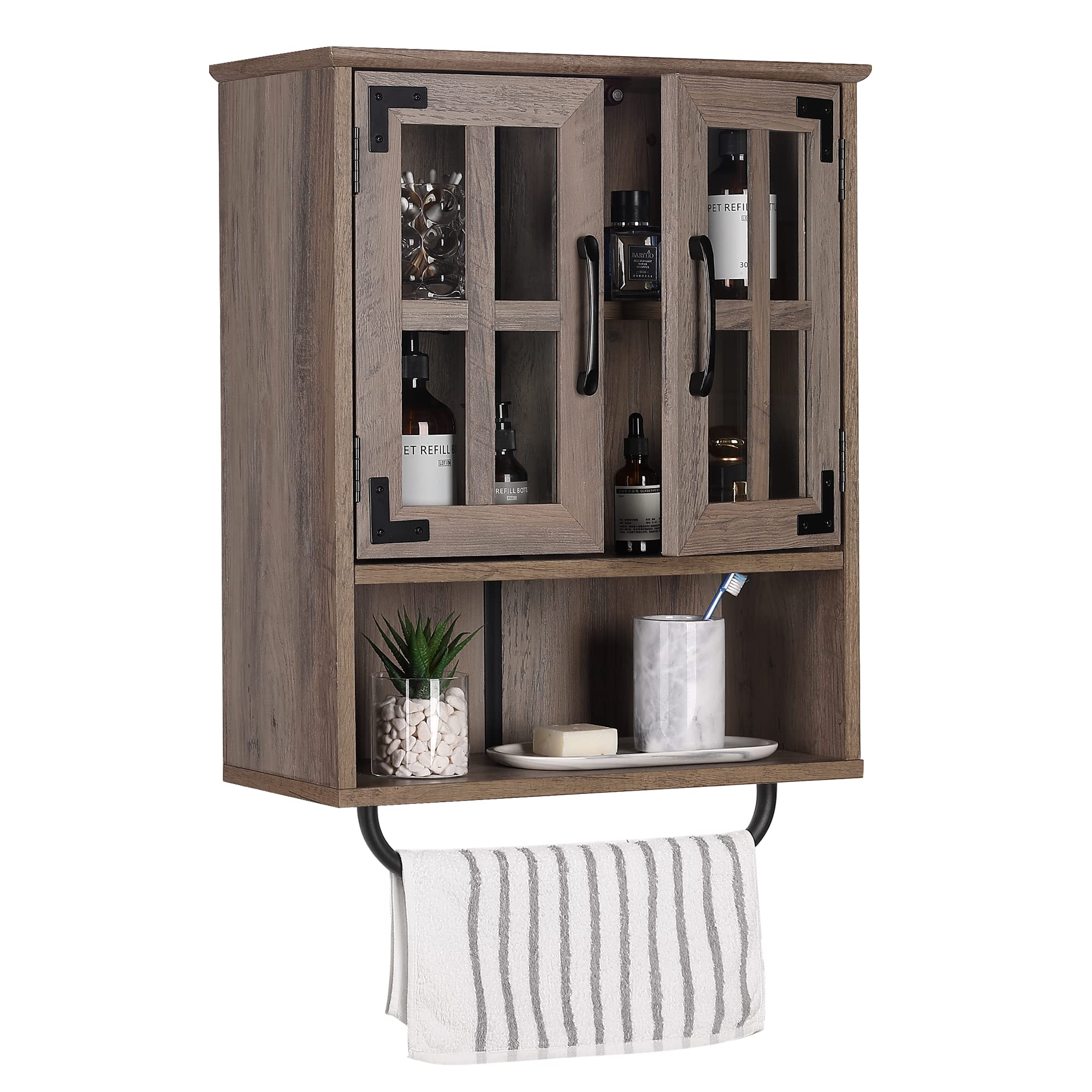 Rustic Wood Wall Storage Cabinet with Cross Glass Doors - Farmhouse Wall Mounted Bathroom Cabinet with 3 Adjustable Shelves & Towel Bar - Washed Oak Finish for Bathroom, Living Room & Kitchen Organization