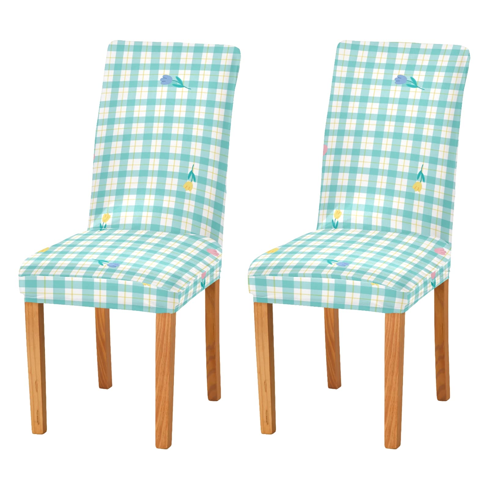 Stretch Washable Dining Chair Covers Set of 2 - Green Mint Gingham Tulip Flower Pattern Slipcovers for Home, Kitchen, Christmas Party & Everyday Use | Fits Most Dining Room Chairs | Easy to Clean & Removable