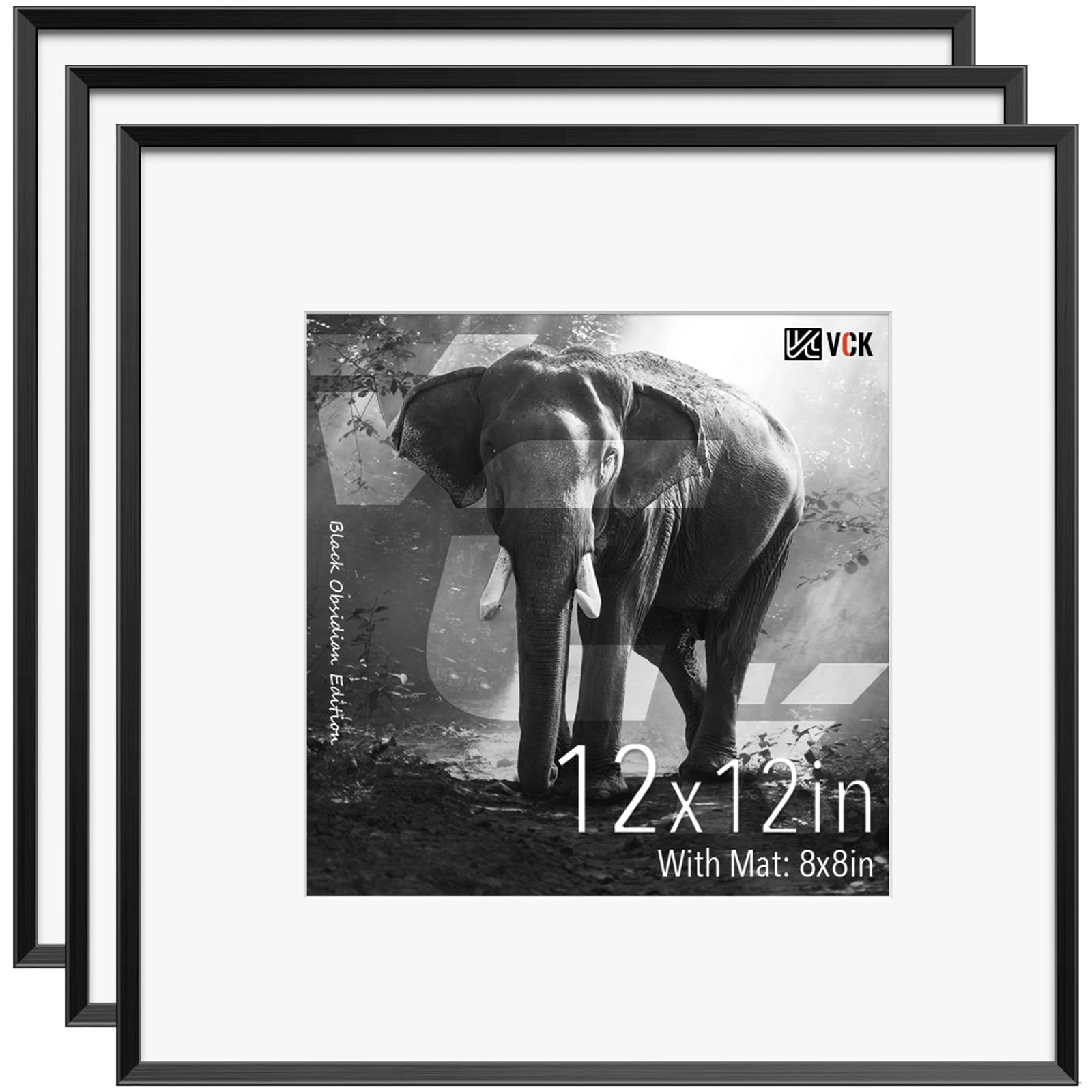 VCK 12x12 Aluminum Picture Frames Black Set of 3 - Includes Mat for 8x8 Photos & Frameless Option for 12x12 - Multi Square Wall Frames with Real Glass - Perfect for Home Decor, Office Display & Photo Gallery