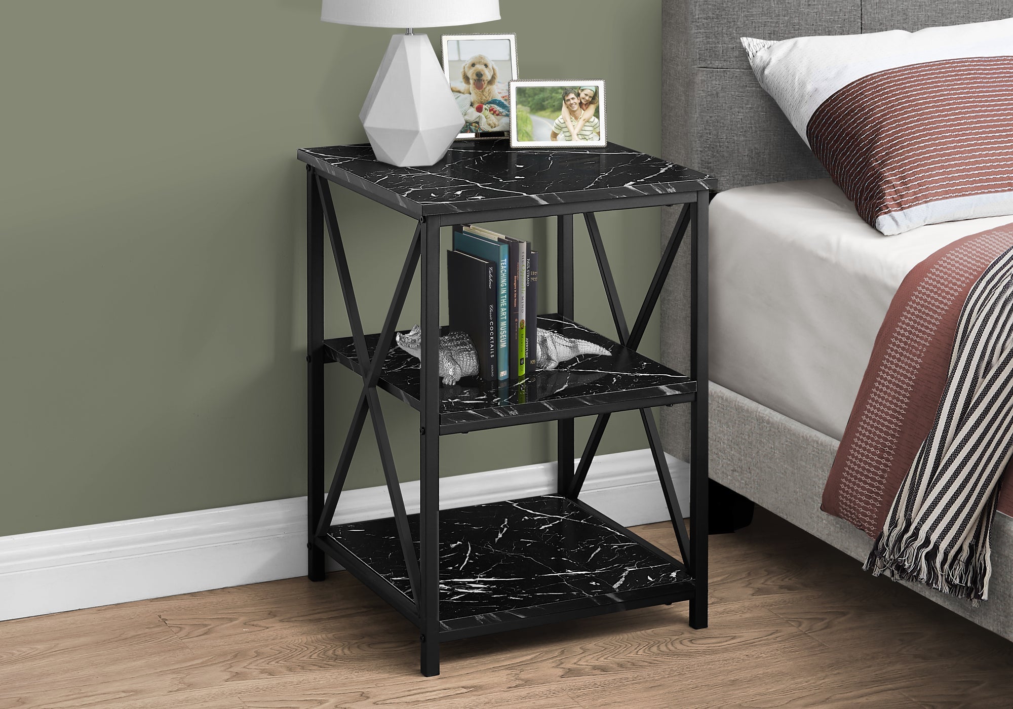 Modern Black Marble Accent Table with Black Metal Frame - 26