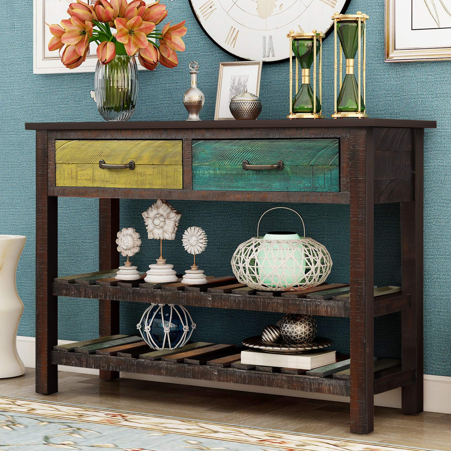 P PURLOVE Modern Console Table with Drawers - Entryway Sofa Table with 2-Tier Wood Shelf, Multi-Functional Hallway Furniture for Living Room, Bedroom & Entryway Decor