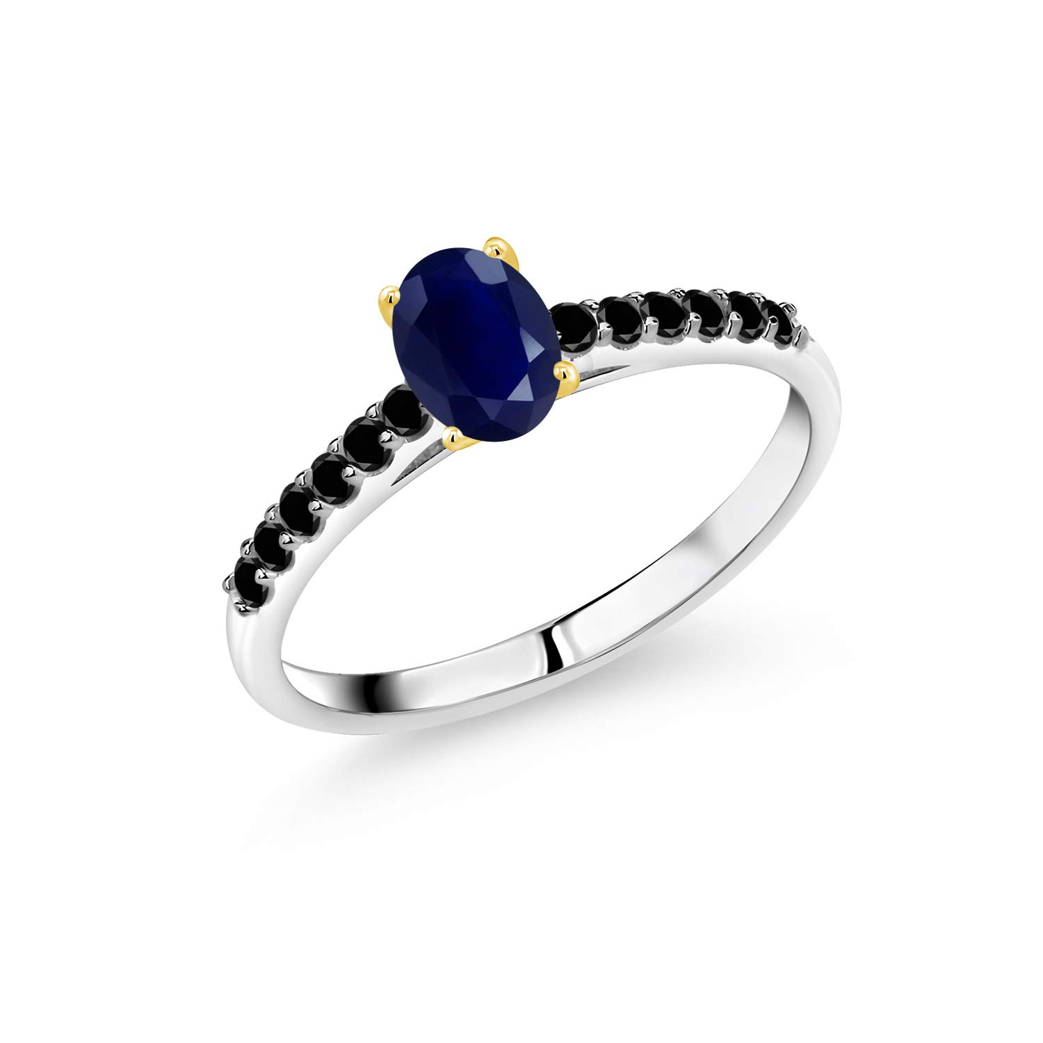 0.76 Ct Natural Blue Sapphire & Black Diamond Ring in 925 Sterling Silver with 10K Yellow Gold Prongs - Elegant Jewelry for Engagement, Wedding & Special Occasions