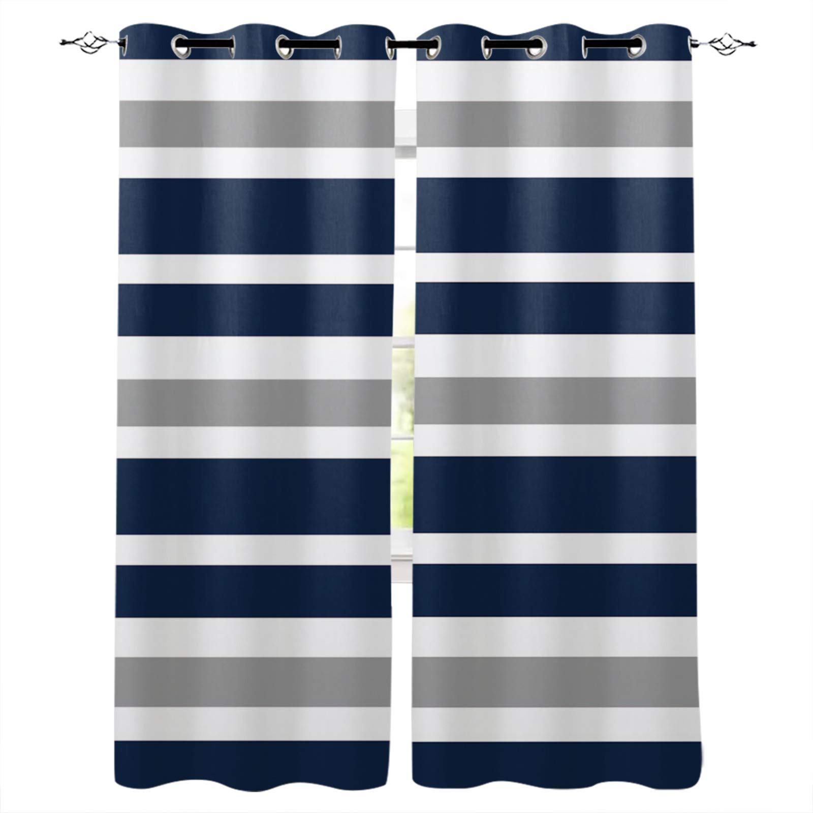 Blackout Curtains for Bedroom & Living Room - Navy Blue Thermal Insulated Room Darkening Drapes (52x72 Inch) - Perfect for Kitchen, Bathroom & Home Office - Gray & White Stripes Design for Better Sleep & Energy Efficiency