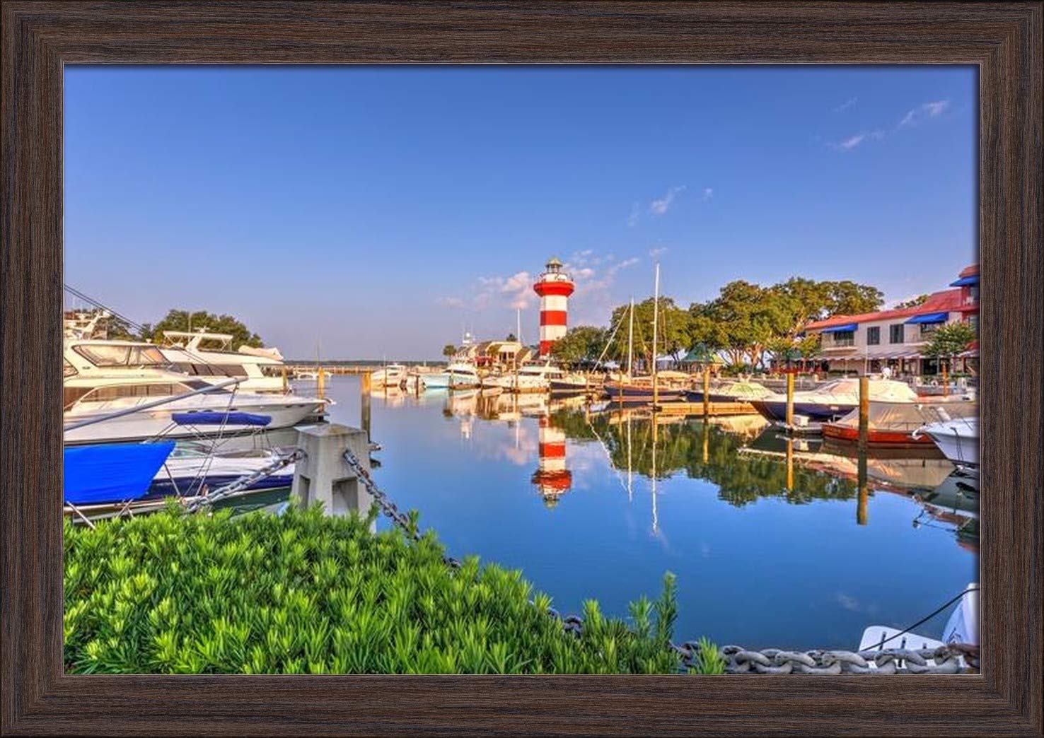 Hilton Head Island Lighthouse Art Print - 18x12 Giclee Gallery Framed in Espresso Wood - South Carolina Coastal Decor for Living Room, Office & Beach House
