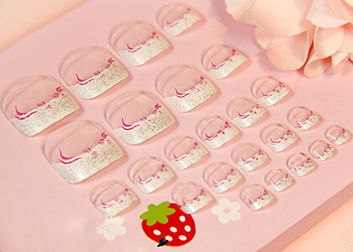 24Pcs Cute Clear Artificial Fake Toes Nails - Shine White French Toenails with Bling Snow Rose Lace Patterns for Pedicure, Nail Art & Party Glam (Z523)