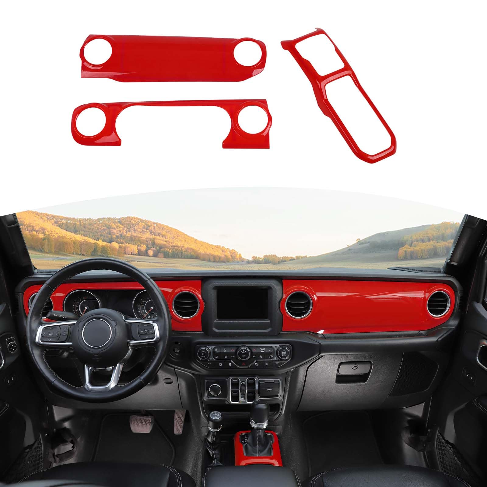Red RT-TCZ Dash Trim Cover & Gear Shift Panel Trim Frame for Jeep Wrangler JL/JLU/Gladiator JT (2018-2023) - 3pc Interior Accessories - Upgrade Your Ride's Style & Protection