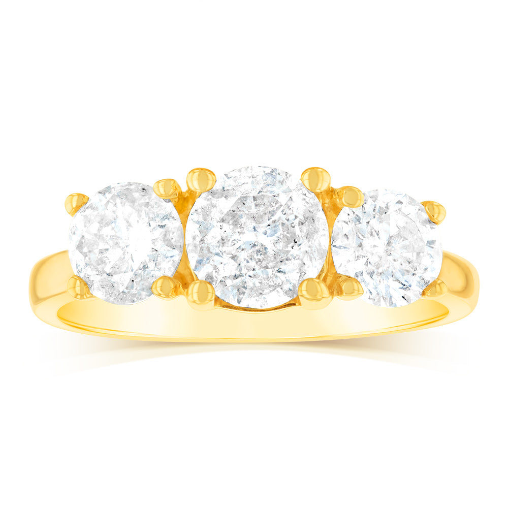 14K Yellow Gold 2 Carat Diamond Trilogy Ring with 3 Round Brilliant Cut Diamonds - Elegant Engagement, Wedding & Anniversary Jewelry Gift for Her
