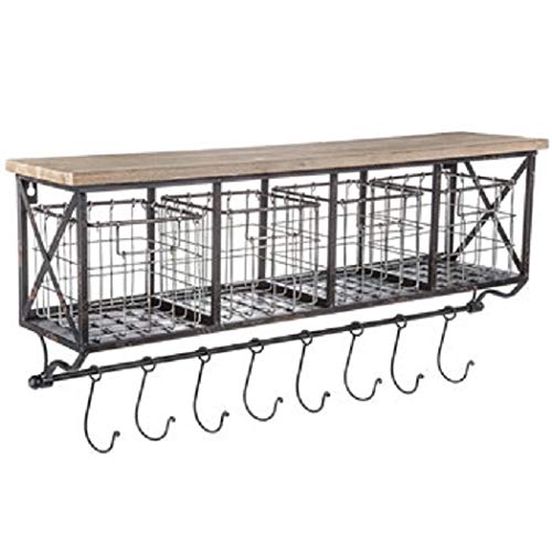 Black Metal & Wood Wall Shelf with Baskets, Chalkboards & 8 Hooks - Coffee Bar Organizer, Bathroom Storage Shelf for Home & Office Organization