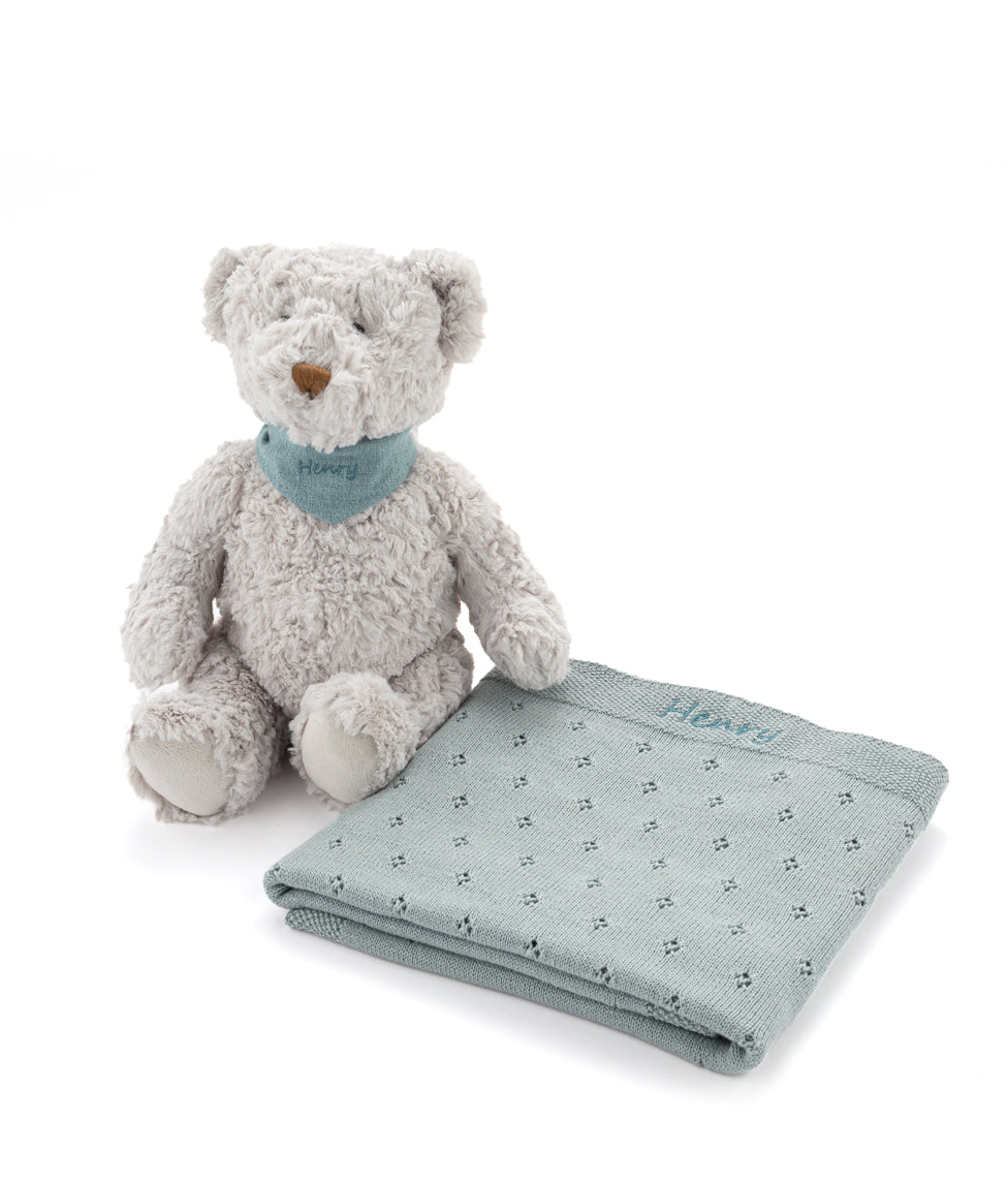 Neddy & Bandana Pointelle Blanket Set - Soft Blue Knit Baby Blanket Bundle for Newborns & Toddlers | Perfect for Nursery, Stroller, and Cuddle Time