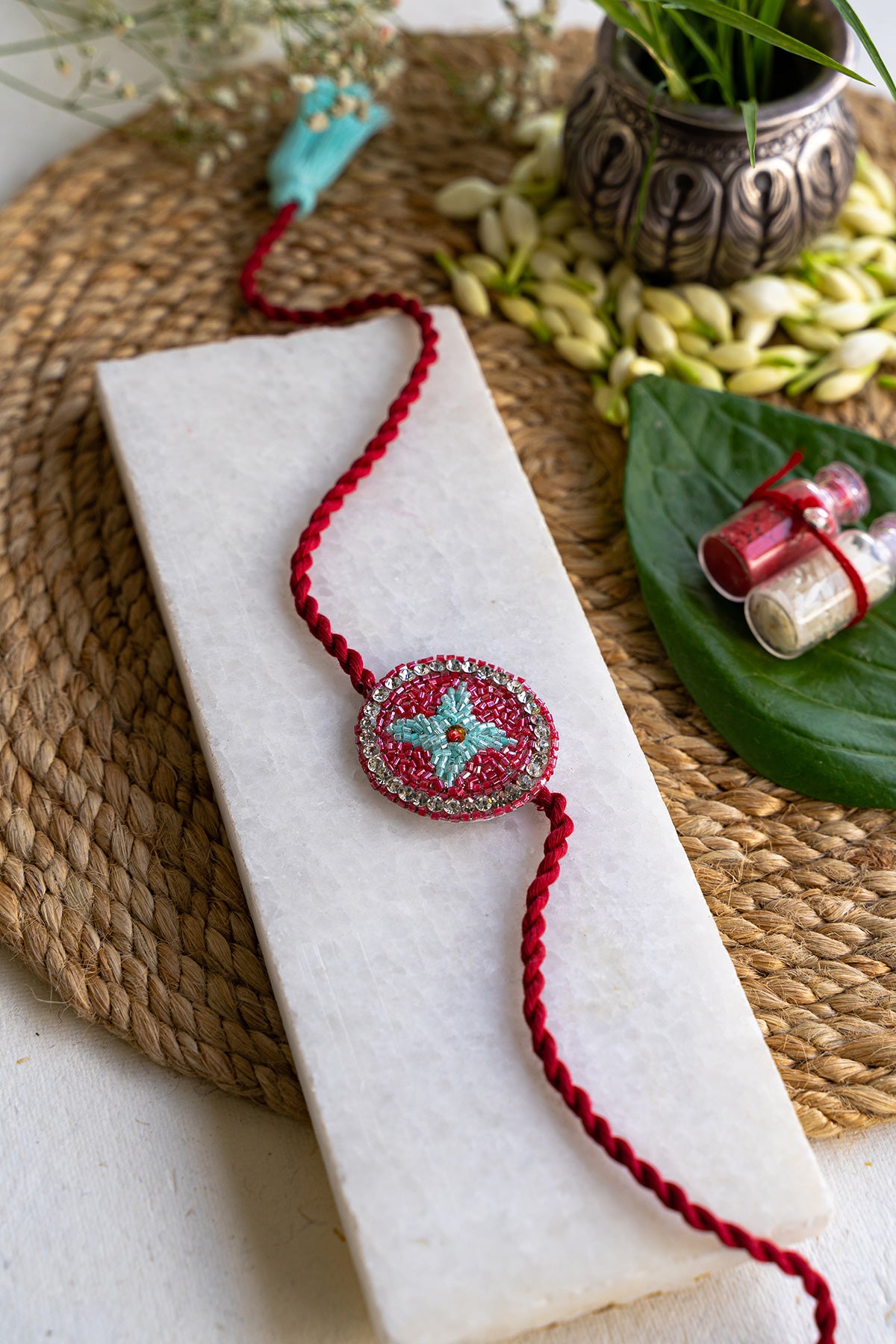 Blue Periwinkle Embroidered Rakhi Bracelet for Brothers - Traditional Indian Festival Gift for Raksha Bandhan, Bhai Dooj & Sibling Celebrations