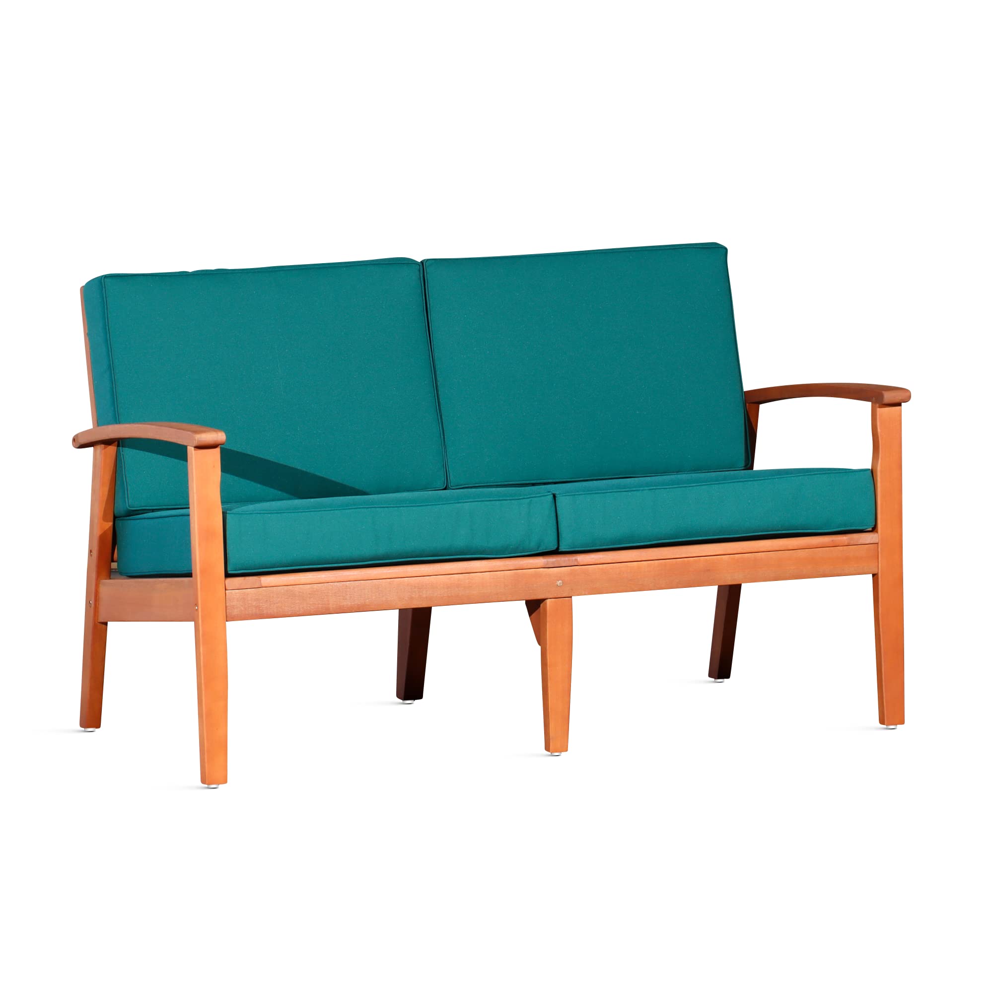 DTY Outdoor Living Longs Peak Eucalyptus Wood Loveseat with Waterproof Cushions - Natural Oil Finish, Dark Green Patio Furniture for Garden, Deck, Poolside & Backyard Relaxation