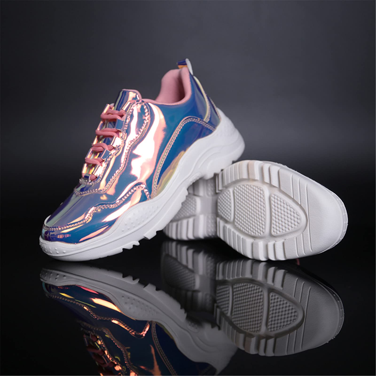 KOKDFE Women's Sneakers - Shiny Pink Vulcanized Flats for Spring & Autumn | PU Lace-Up Casual Shoes for Women | Perfect for Walking, Work & Everyday Fashion