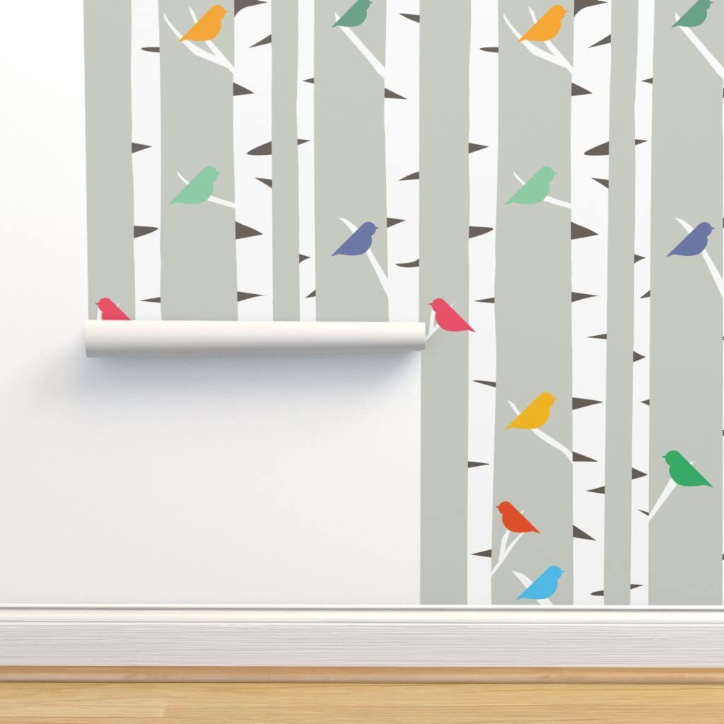 Removable Wallpaper 12ft x 2ft - Woodland Birch Forest with Birds & Trees, Scandi Nursery Gender Neutral Design | Pre-Pasted Peel & Stick Wallpaper by Spoonflower | Perfect for Kids' Rooms, Nursery Decor & Home Accent Walls