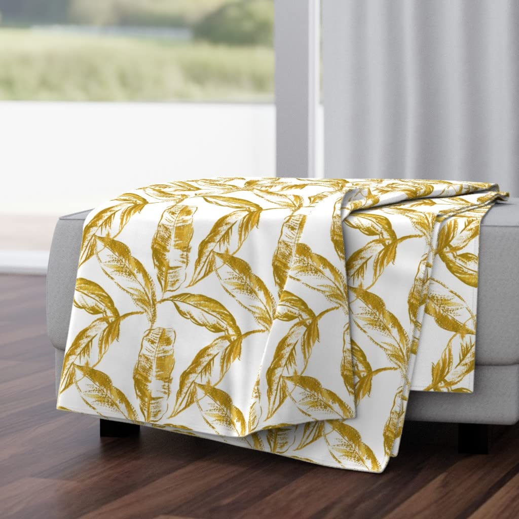 Soft Plush Minky Throw Blanket 50x70 Inches - Tropical Banana Leaf Jungle Print in Mustard Yellow, Vintage Bohemian Style for Bed, Sofa & Travel