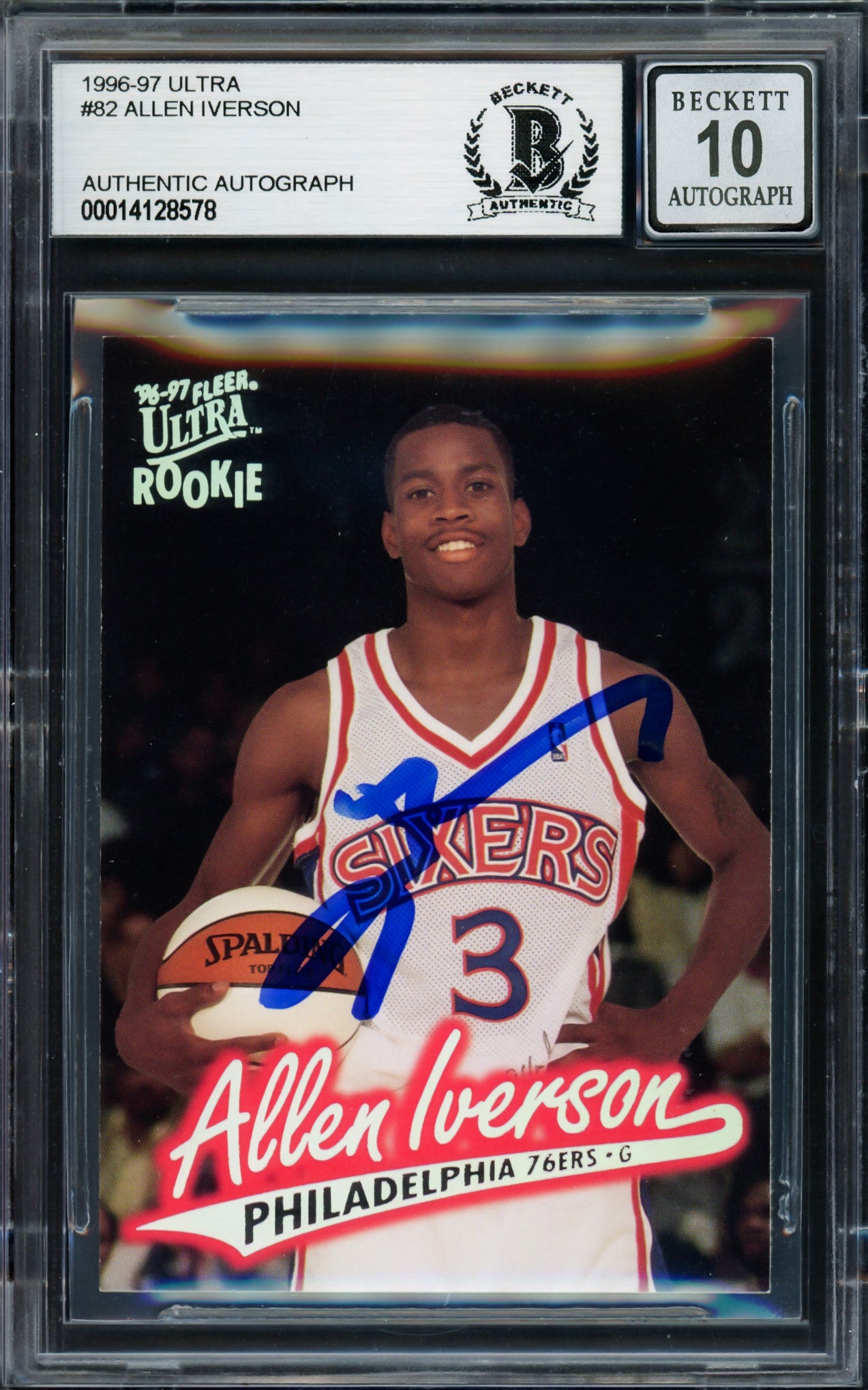 Allen Iverson Autographed 1996-97 Fleer Ultra Rookie Card #82 Philadelphia 76ers - Beckett BAS Gem Mint 10 Grade - Stock #220168 - Perfect for NBA Memorabilia Collectors and 76ers Fans Display