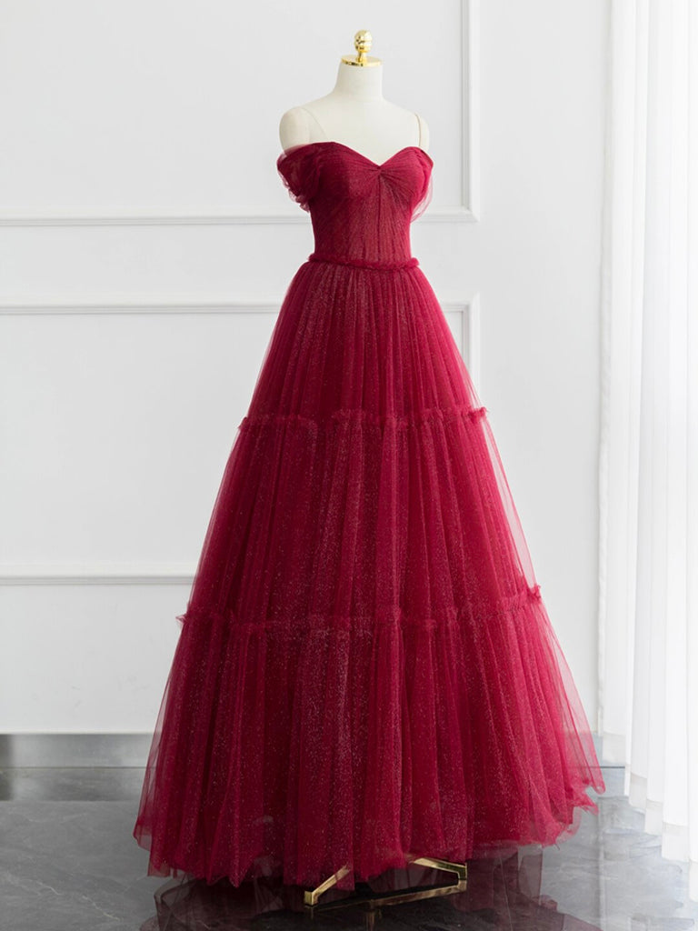 Elegant A-Line Off Shoulder Tulle Burgundy Long Prom Dress - Shiny Formal Gown for Homecoming, Ball & Evening Parties