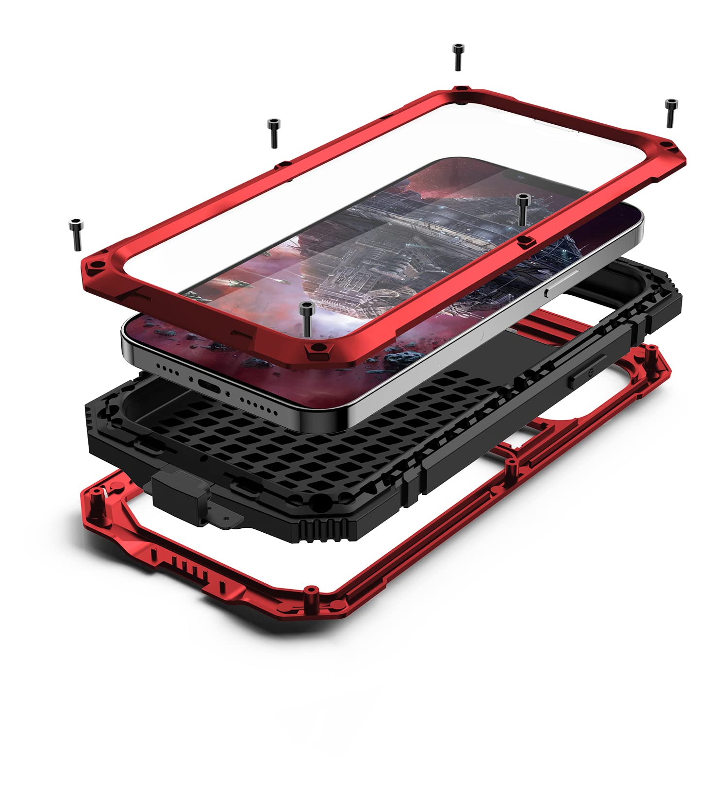 Premium Shockproof Metal Phone Case for iPhone 13 Pro Max (6.7 Inch) - Heavy Duty Protection with Built-in Screen Protector & Stand | Perfect for Outdoor Sports, Travel & Daily Use (Red, 2021 Model)