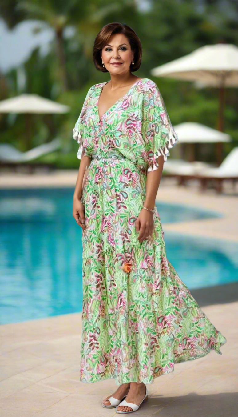 Boho Midi Dress with Tassel Sleeves - Flowy Beach Resort Dress for Women, Perfect for Vacation, Summer Parties & Tropical Getaways