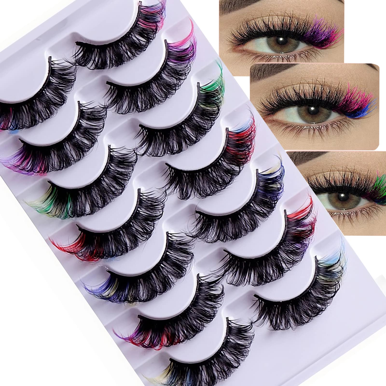 Vibrant Colored Eyelashes - 5D Fluffy Russian Strip Lashes with D Curl | Reusable Faux Mink False Lashes (7 Pairs) | Perfect for Cosplay, Halloween, Rave & Bold Makeup Looks