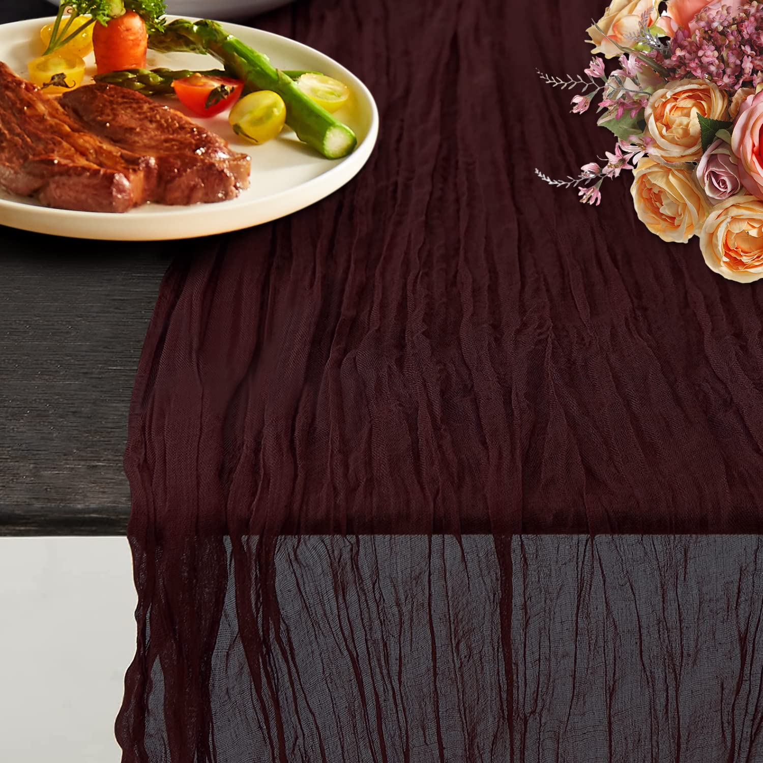 NOSTHEART 10FT Cheesecloth Table Runner - 35.4x120inch Rustic Gauze Tablecloth for Wedding, Baby Shower, Valentine's Day, Birthday & Holiday Party Decor - Burgundy Sheer Table Cover for Dining Room, Farmhouse & Boho Home Decor