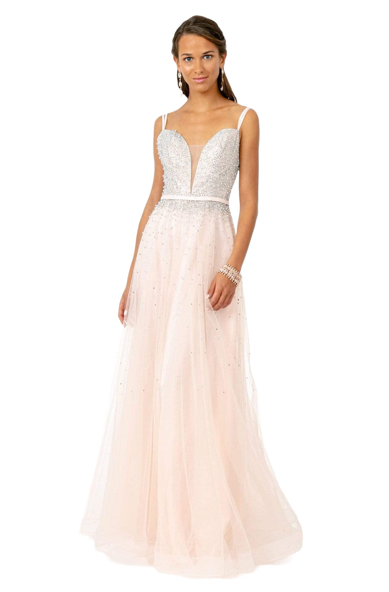 Elizabeth K GL2892 Plunging Neckline Jewel-Studded A-Line Evening Gown - Blush Pink Formal Dress for Women Size 3XL | Perfect for Prom, Wedding Guest, Cocktail Party & Special Occasions