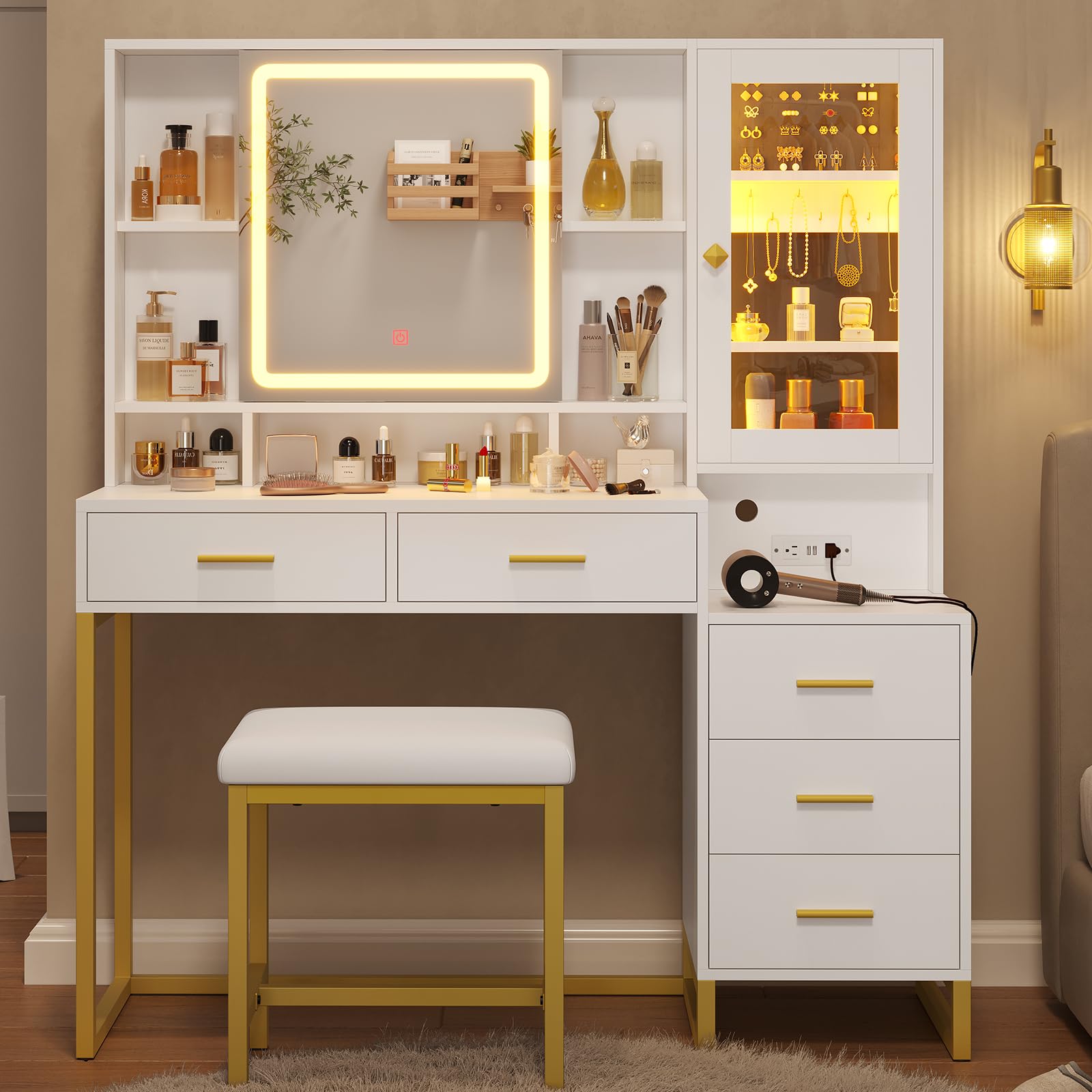 White & Gold Makeup Vanity Set with Upholstered Stool, LED Mirror, Charging Station, Jewelry Storage, 5 Drawers & Shelves - Perfect for Bedroom, Dressing Room & Beauty Salon