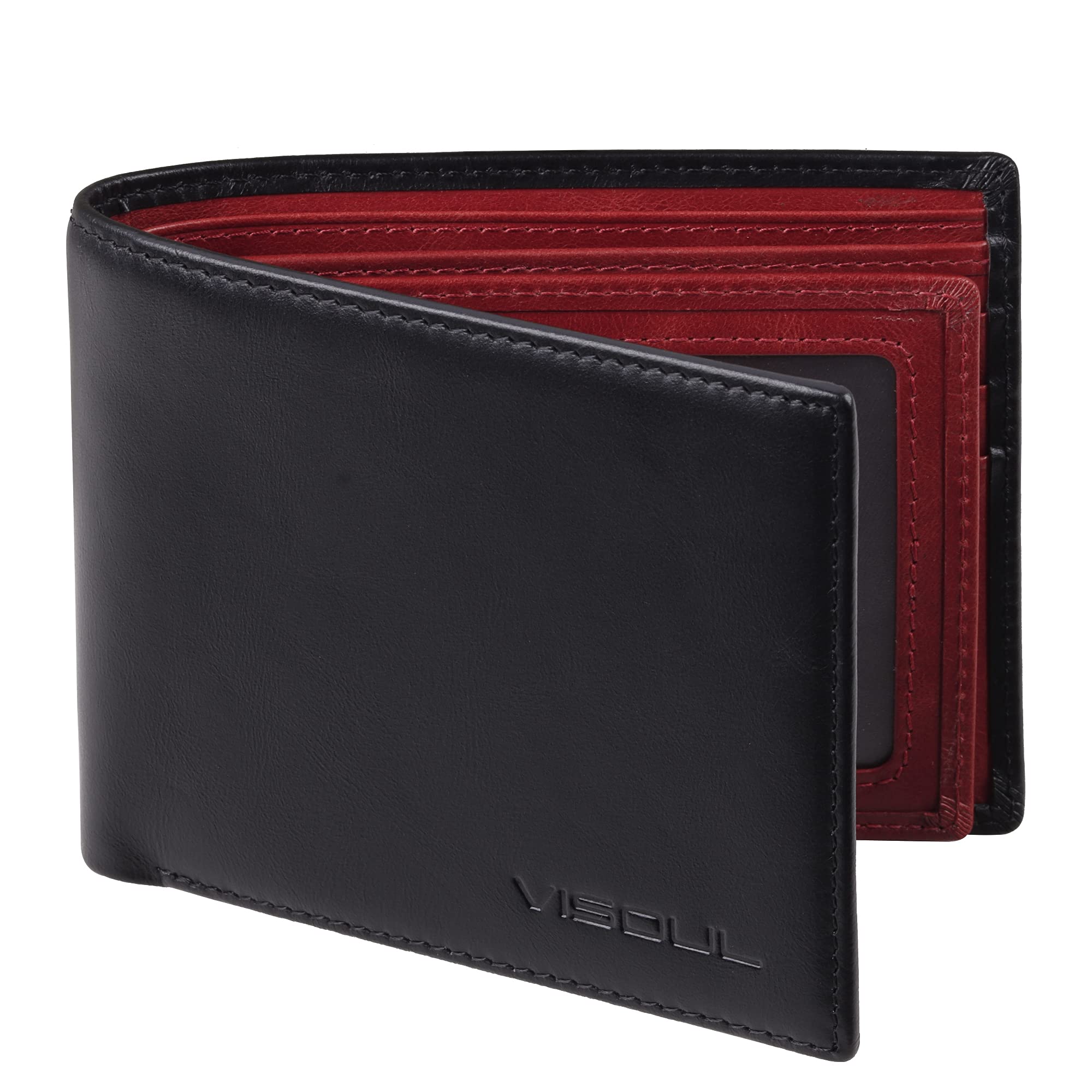 Premium Genuine Leather RFID Blocking Bifold Wallet for Men - 2 ID Windows & 2 Money Compartments - Stylish Two-Tone Designer Card Holder (Black/Burgundy) | Perfect for Business, Travel & Everyday Use