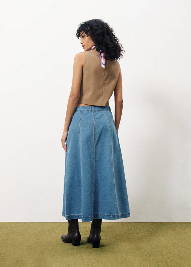 Ermeline Denim Midi Skirt for Women - Mid Blue Washed Denim A-Line Skirt with Pockets | Casual Outfit, Office Wear & Spring Fashion