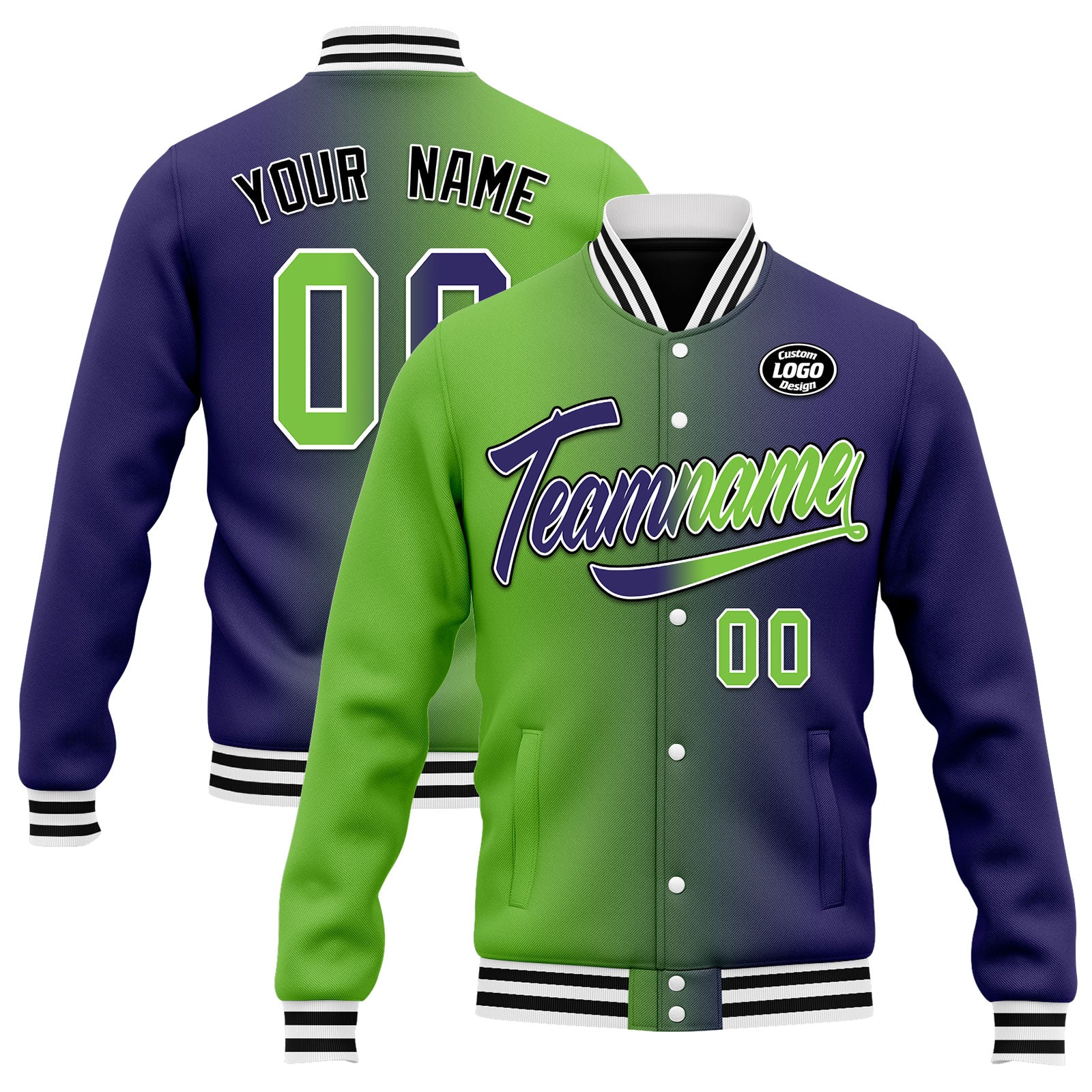 Custom Gradient Fashion Bomber Jacket - Full Snap Varsity Letterman Jacket - Personalized Embroidered Design (FZ005 D028015) - Perfect for Streetwear, School Spirit & Casual Outfits