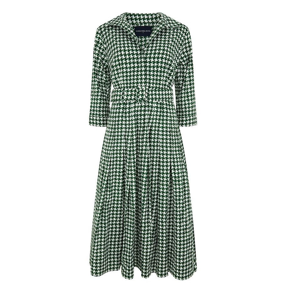 Stylish Audrey Dogtooth Print Shirt Dress in Green | Women's Fashion Tunic Dress for Work, Office & Casual Outings