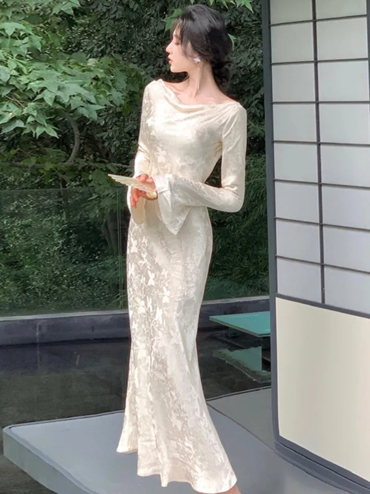 Lovevop 2024 Elegant Long Sleeve Women's Dress - French Print Evening Party Maxi Dress with Lace-up Slash Neck, Slim Fit Fashion for Women | Perfect for Cocktail Parties, Weddings & Formal Events