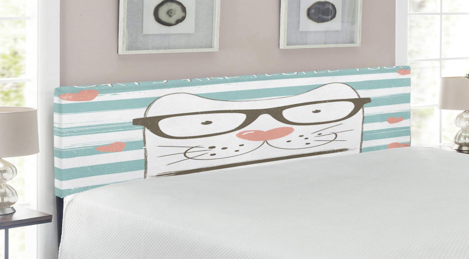 Ambesonne Animal Headboard - Hipster Cartoon Cat with Glasses, Hearts & Stripes Design, Upholstered Decorative Metal Bed Frame with Memory Foam, King Size (White, Blue, Pink) - Perfect for Kids' Rooms, Teen Bedrooms & Whimsical Home Decor