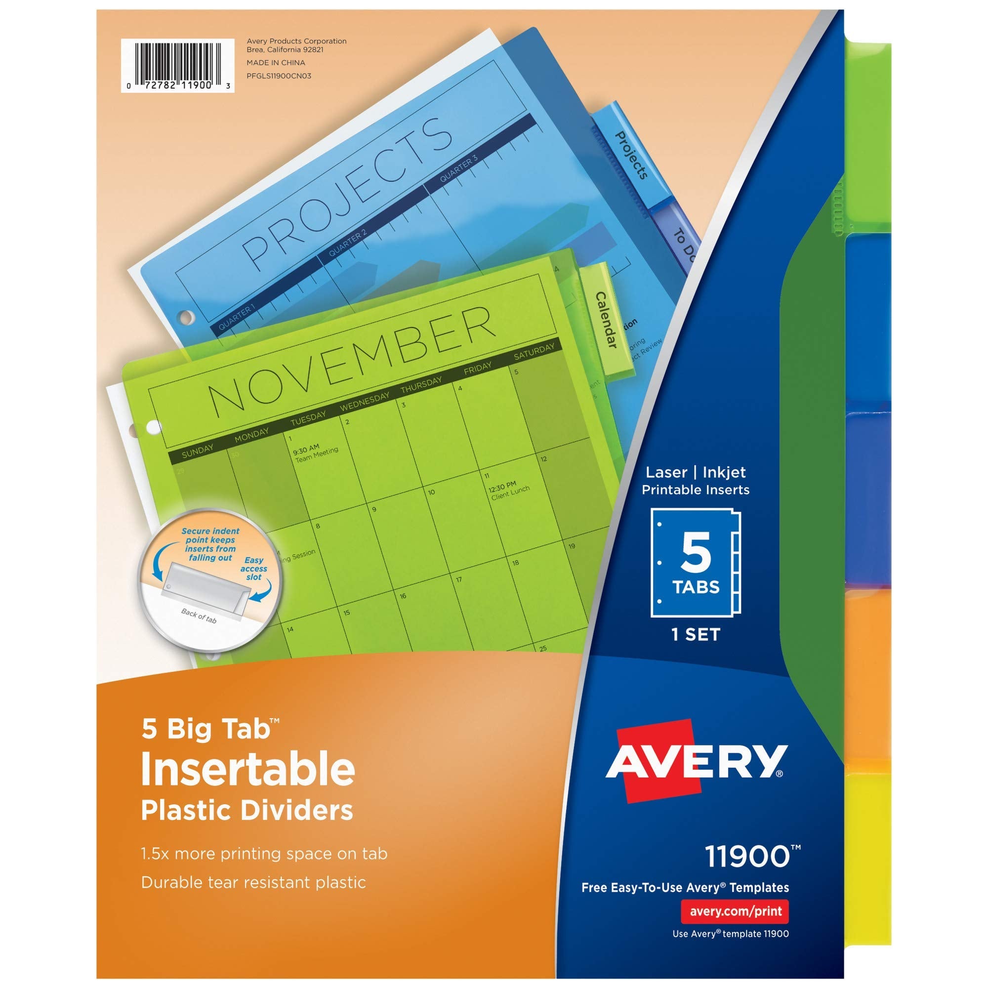 Avery 5-Tab Plastic Dividers for 3 Ring Binders, 24 Sets (11900) - Insertable Index Tabs for School, Office & Home Organization