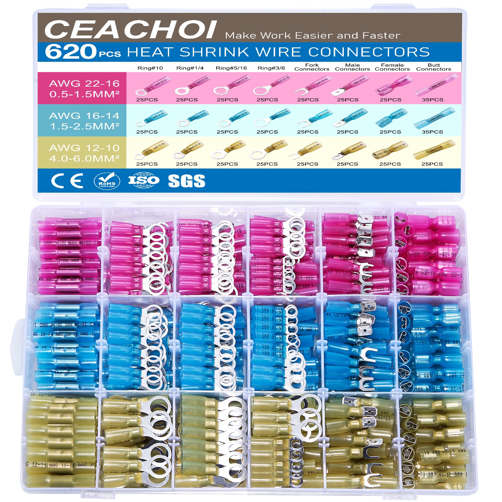 620PCS Heat Shrink Wire Connectors Kit - Marine Grade Waterproof Electrical Terminals, Butt, Spade, Fork & Ring Connectors for Automotive, Boat & Home Wiring Applications