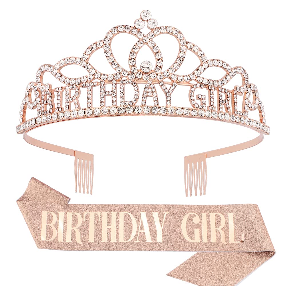 Sparkling Rose Gold Birthday Crown for Women - Rhinestone Tiara Headband with Sash for Birthday Girl, Princess Party Accessories | Perfect for Birthday Celebrations, Bachelorette Parties & Special Events
