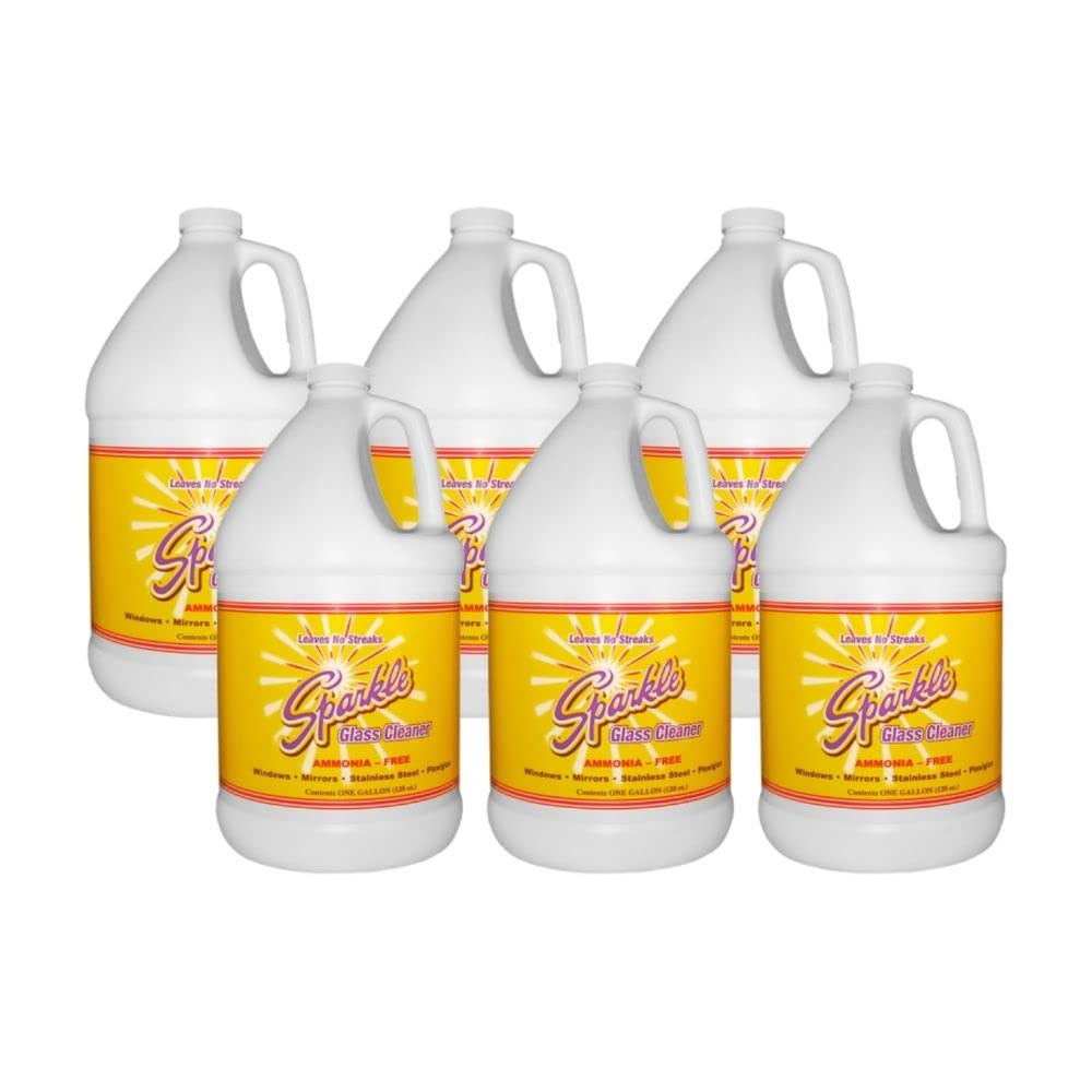 Streak-Free Sparkle Glass Cleaner Spray Refill - Ammonia-Free Formula for Crystal Clear Windows, Mirrors & Glass Surfaces - 1 Gallon Bottle (6-Pack) - Perfect for Homes, Offices & Commercial Cleaning