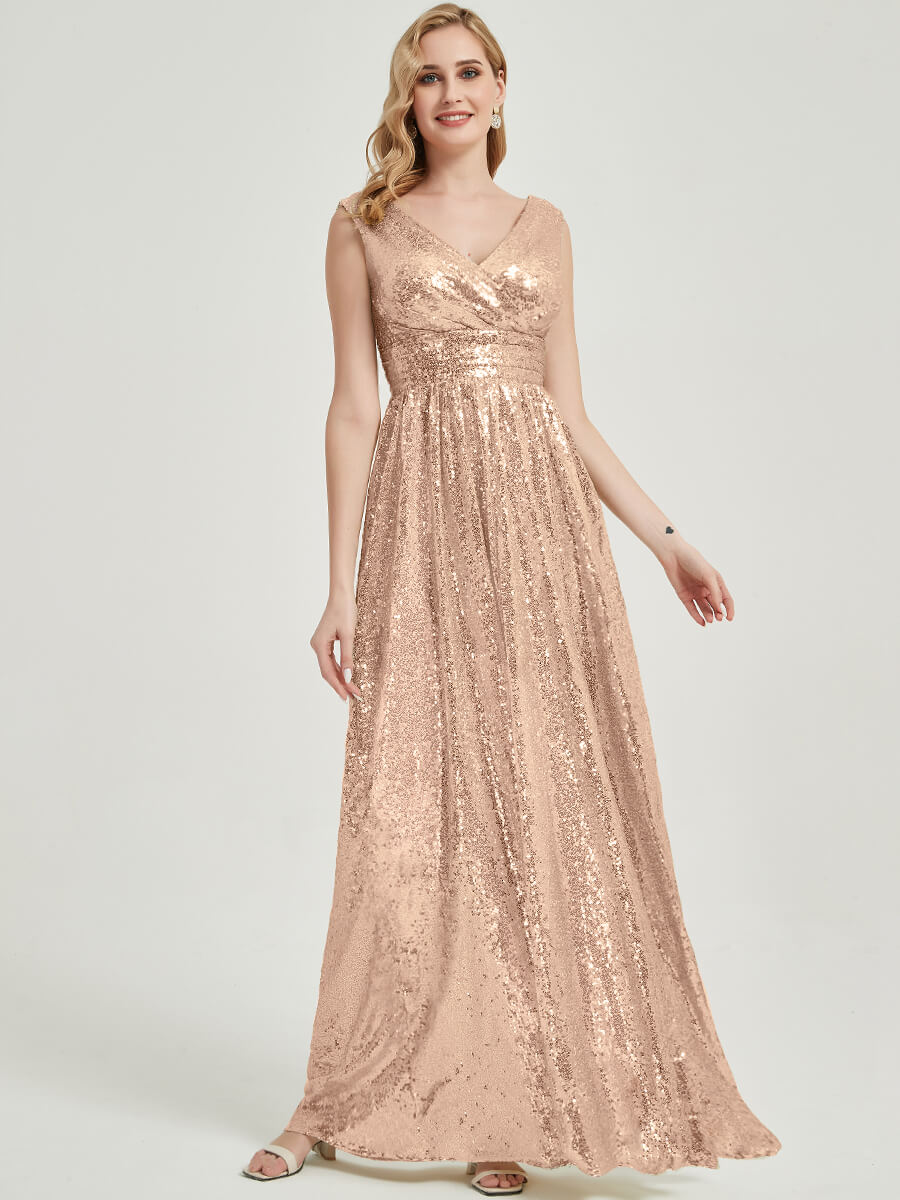 Champagne Gold V-Neck Sleeveless Empire Waist Sequin Maxi Dress for Bridesmaids - Perfect for Weddings, Prom, Evening Parties & Special Occasions