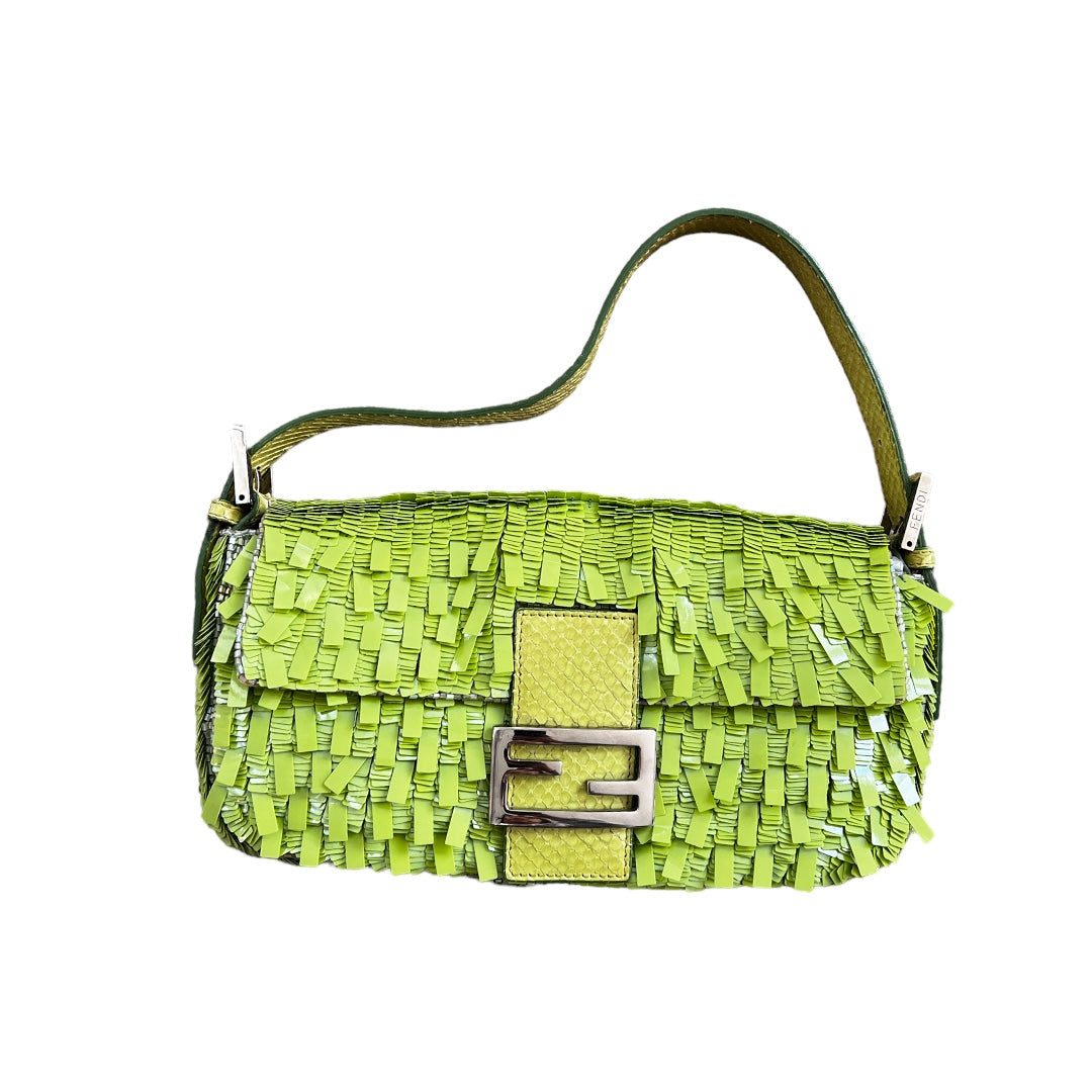 Vintage Fendi Green Sequin Baguette Bag - Luxury Designer Shoulder Purse for Women, Perfect for Evening Parties & Special Occasions