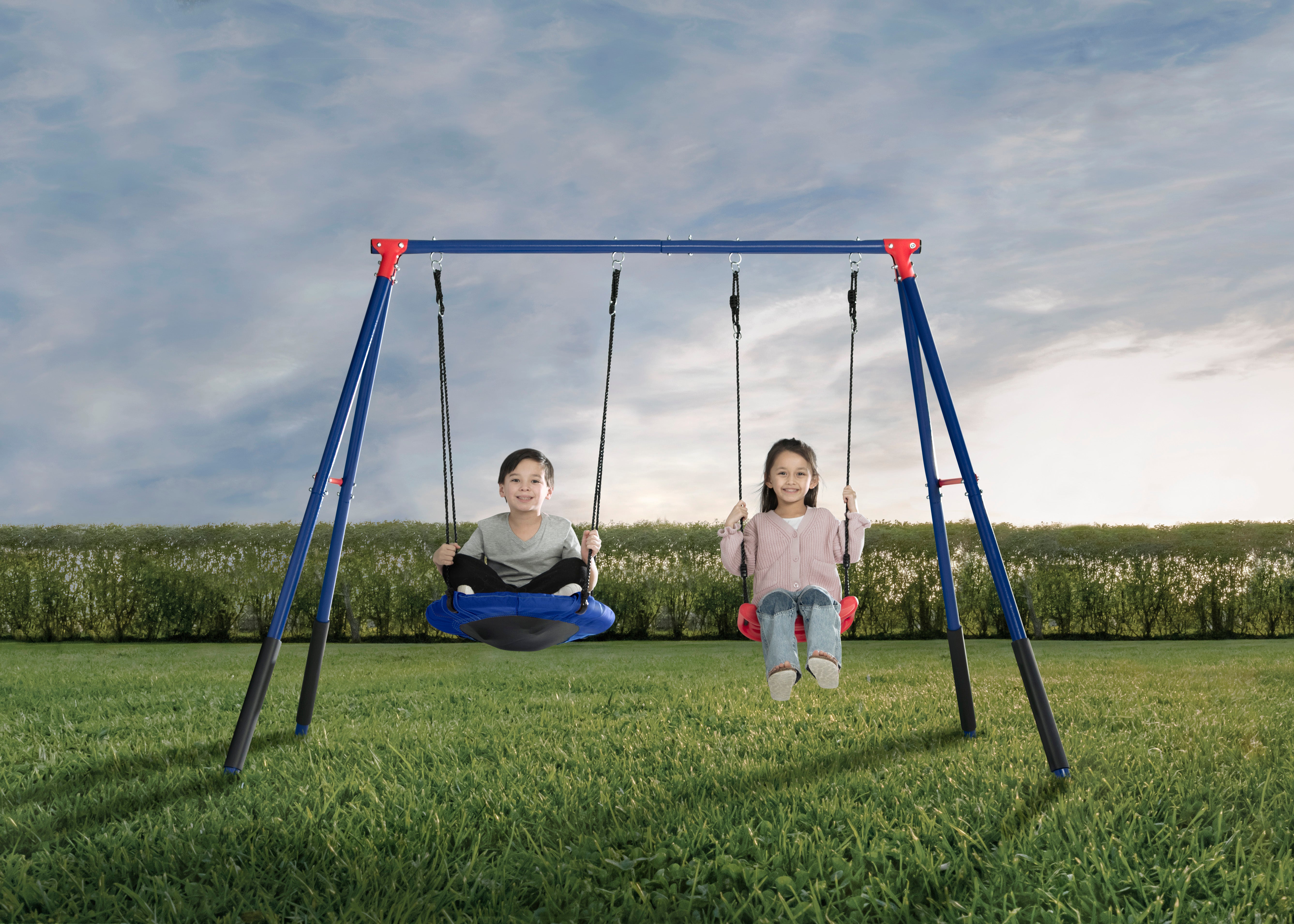 FunZone Outdoor Metal Swing Set for Kids - 2 Piece Playset with Swing & Saucer Swing - Heavy Duty Backyard Playground Equipment for Gardens, Parks, and Playgrounds