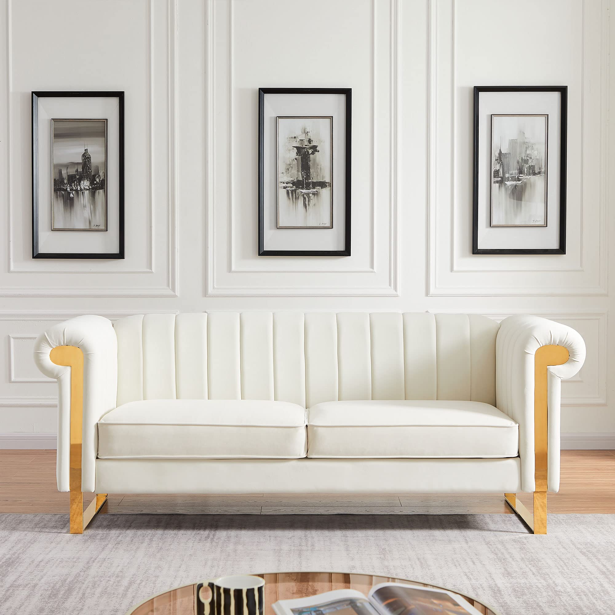 YOGLAD 3-Seater Velvet Sofa with Stainless Steel Arms & Gold Metal Legs - 83 Inch Contemporary Luxury Couch for Living Room, Apartment (Beige, Scrolled Arm) | Perfect for Modern Homes, Lounge Areas & Stylish Spaces