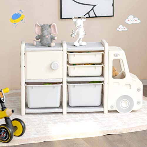 TUOCHUFUN Kids Toy Organizer with Plastic Bins - Gray Toy Storage Shelf for Toddlers, Bookshelf & Truck Toy Organizer | Perfect for Playroom, Nursery & Daycare Organization