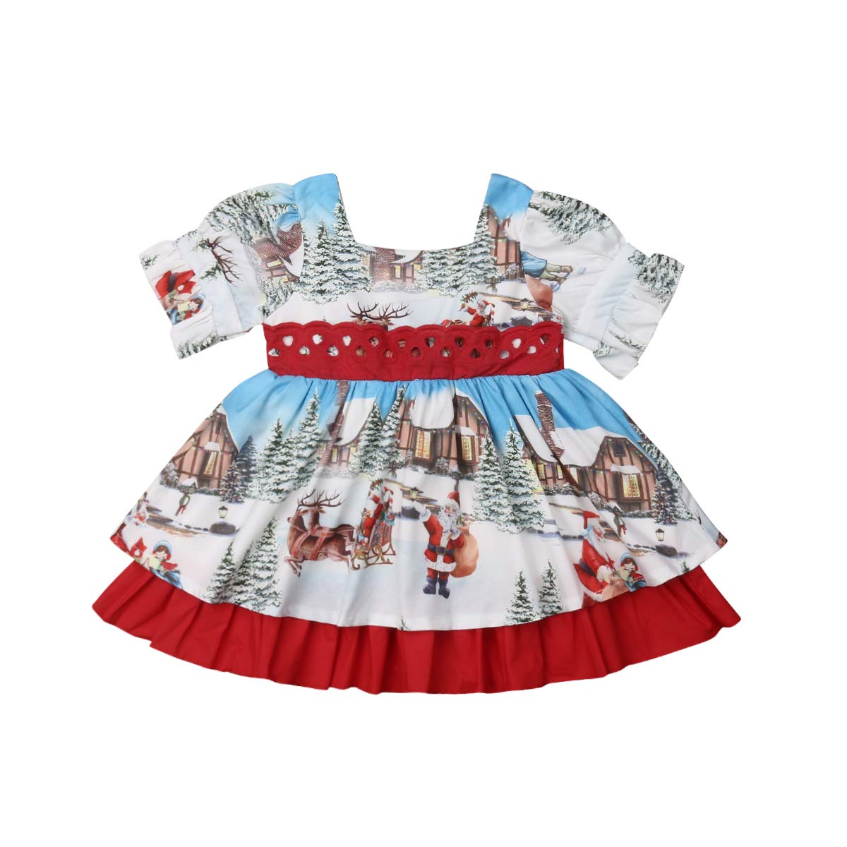 Christmas Toddler Baby Girls Princess Dress - Short Sleeve Floral Ruffle Layered Party Dress with Big Bowknot | Holiday Outfit for Christmas Photos, Family Gatherings & Special Occasions