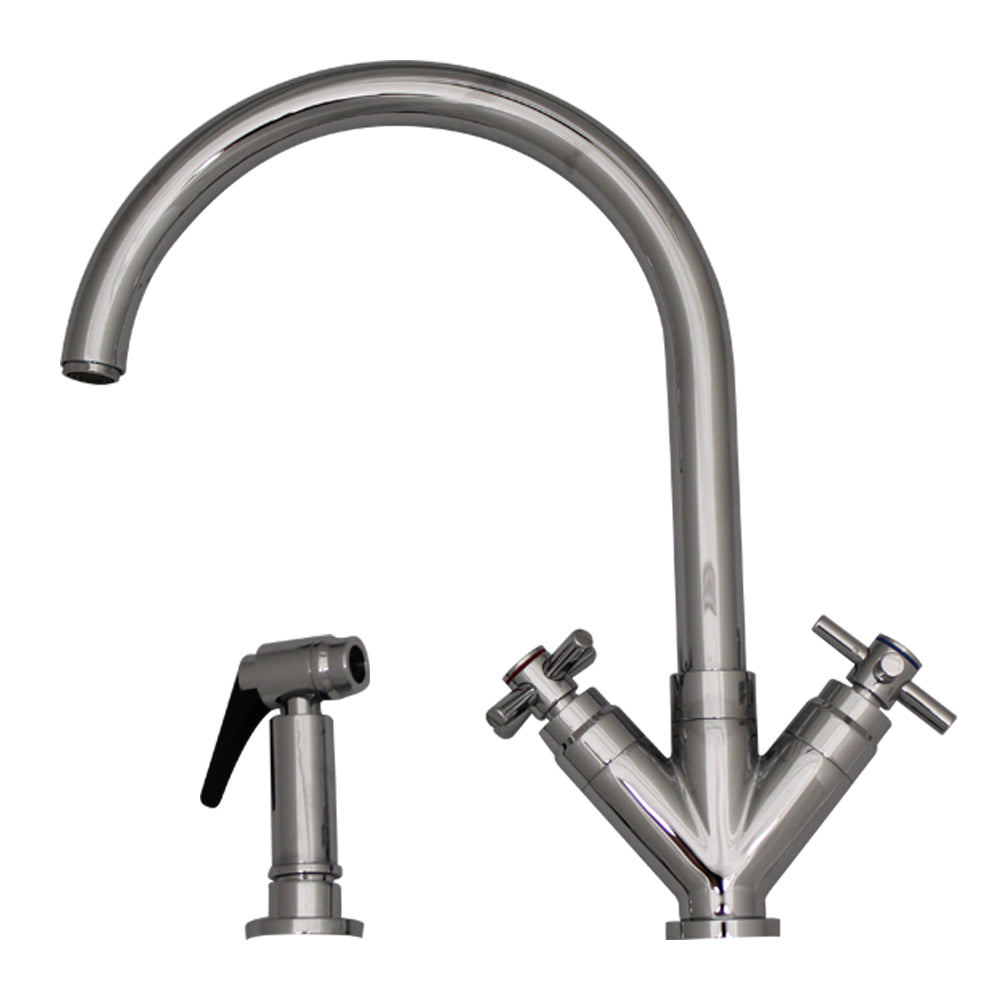 Premium Dual Handle Gooseneck Kitchen Faucet with Swivel Spout, V-Cross Style Handles & Solid Brass Side Sprayer - Perfect for Modern Farmhouse & Industrial Style Kitchens