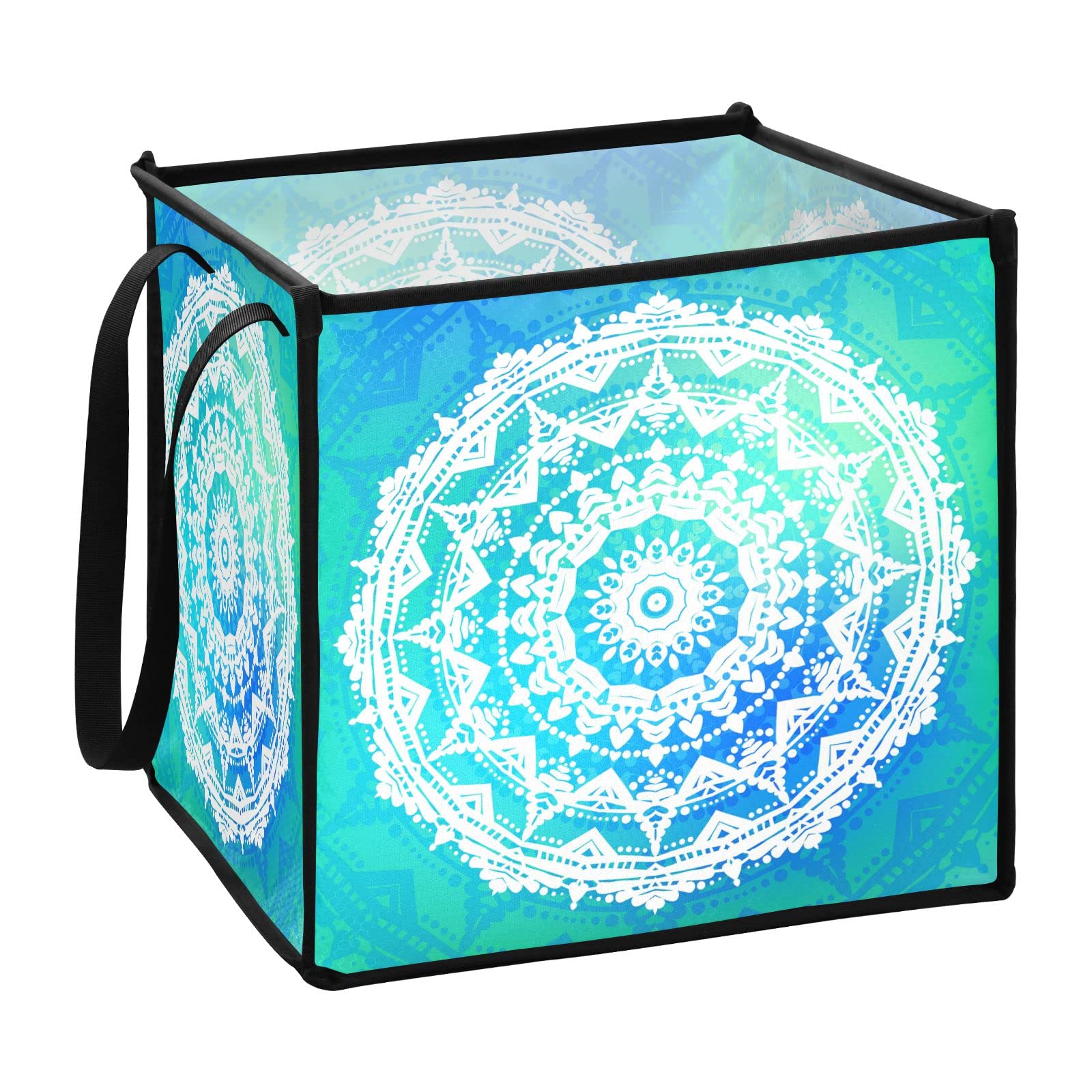 Turquoise Mandala Collapsible Fabric Storage Bins with Handles - 10.6x10.6x10.6 Inch Foldable Cloth Cube Organizer for Toys, Nursery, Shelves & Closet - Perfect for Home Organization, Kids Room & Indian Decor