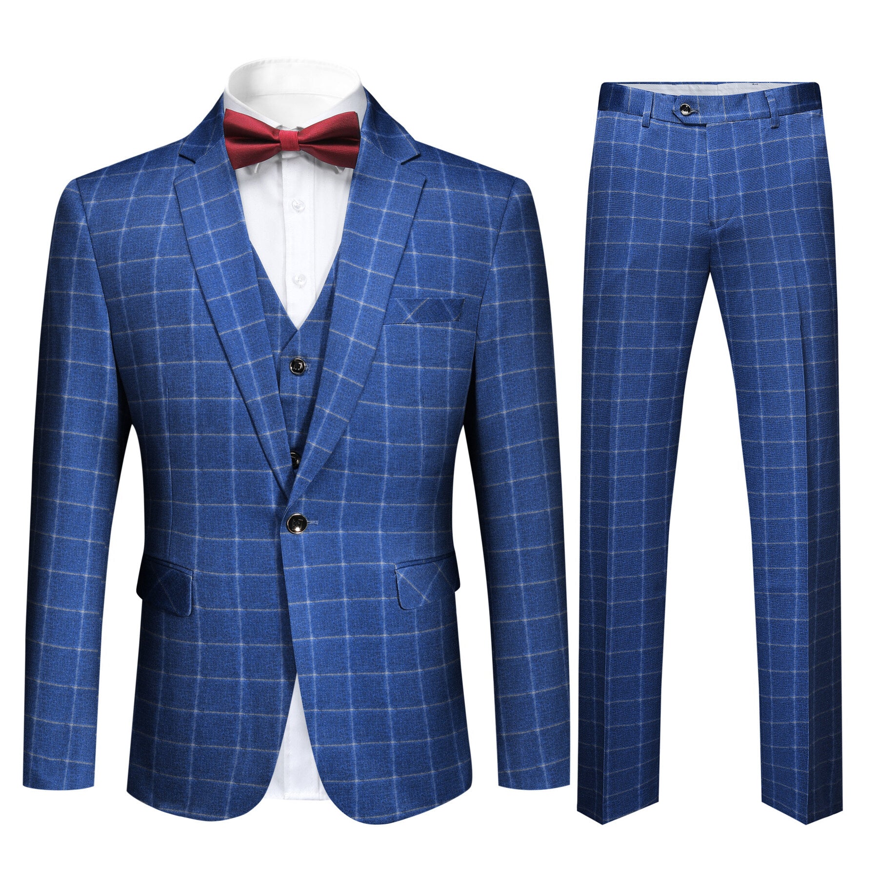 3 Piece Slim Fit Royal Blue Plaid Modern Suit for Men - Business Formal & Wedding Attire - Perfect for Office, Interviews, and Special Occasions
