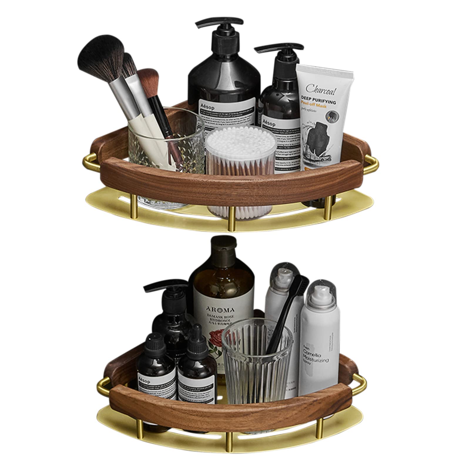 2-Tier Wooden Shower Shelf Organizer - No Drill Adhesive Wall Mounted Bathroom Storage for Shampoo, Soap & Toiletries - Perfect for Small Spaces, Apartment Bathrooms & Shower Corner Organization