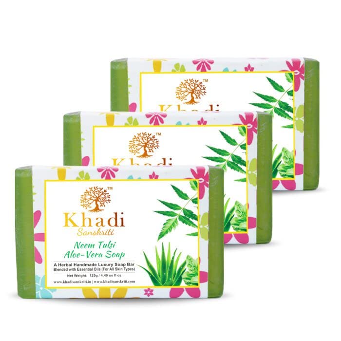 Khadi Sanskriti 3-Pack Neem Tulsi Aloe Vera Herbal Soap - 125g Each | Natural Ayurvedic Cleansing Bars for Glowing Skin | Perfect for Daily Use, Sensitive Skin Care & Eco-Friendly Bath Routine