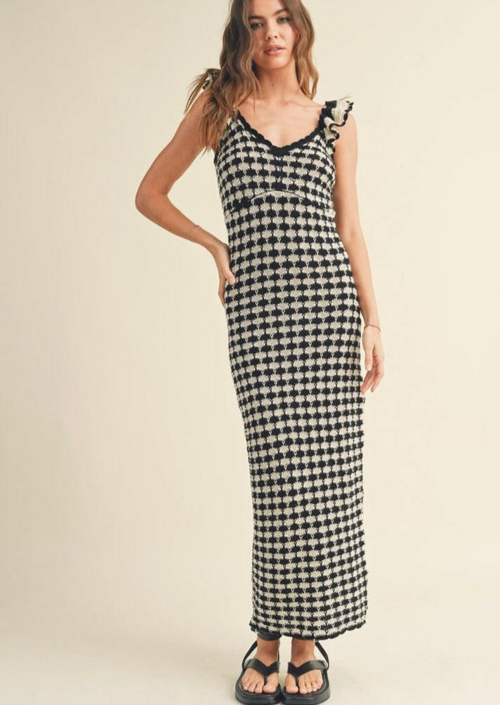 Black & Stone Checkered Crochet Knitted Ruffle Sleeve Dress - Elegant Boho Chic Dress for Women, Perfect for Summer Parties, Beach Vacations & Date Nights